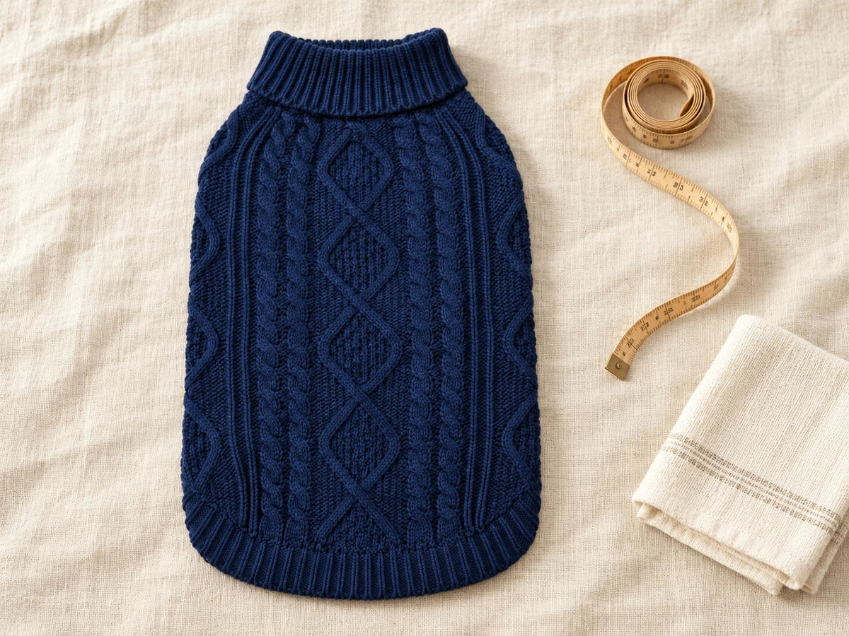 Navy cable-knit dog sweater with a measuring tape
