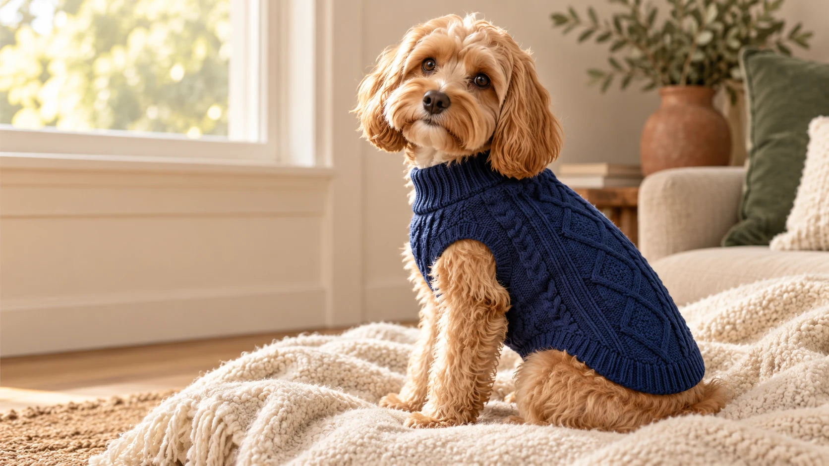 Dog wearing a navy cable-knit sweater